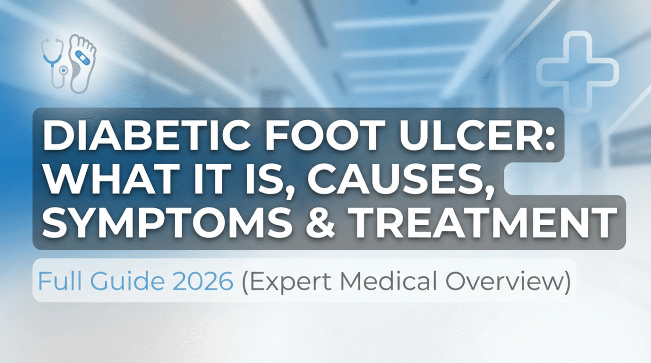 A medical-themed graphic with a blurred hospital hallway in blue tones and large bold text that reads “Diabetic Foot Ulcer: What It Is, Causes, Symptoms & Treatment – Full Guide 2026.”