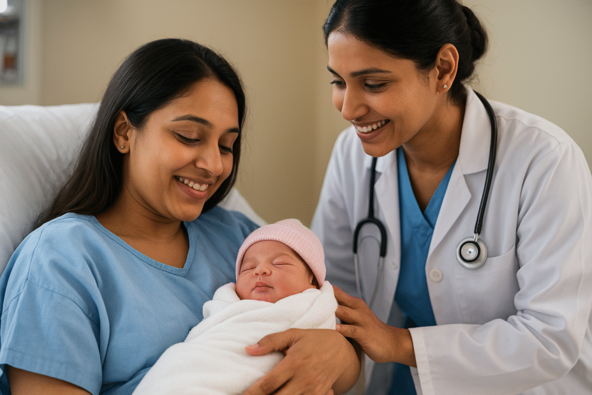 A mother smiles lovingly while holding her newborn baby in a hospital bed, as a kind female doctor stands beside them, sharing in their joy after a successful delivery.