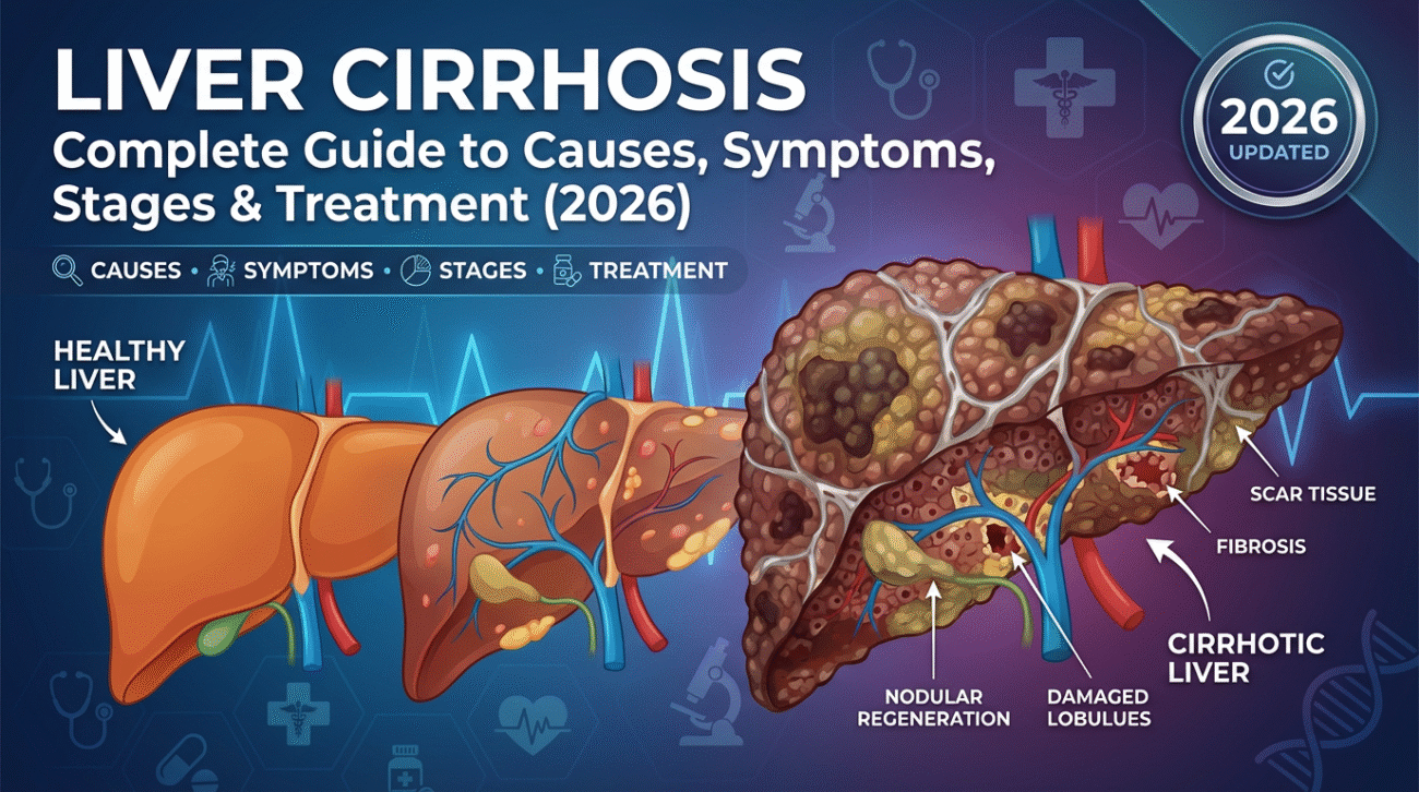 Illustration comparing a healthy liver with a cirrhotic liver. The healthy liver appears smooth and uniform, while the cirrhotic liver looks shrunken, bumpy, and covered with scar tissue. Labels point to fibrosis, damaged lobules, and nodular regeneration. The graphic is titled “Liver Cirrhosis: Complete Guide to Causes, Symptoms, Stages & Treatment (2026).”