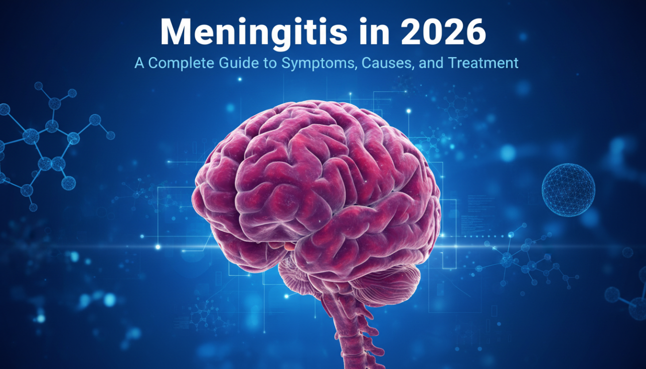 3D illustration of a human brain against a blue digital background, used for an article about meningitis in 2026.