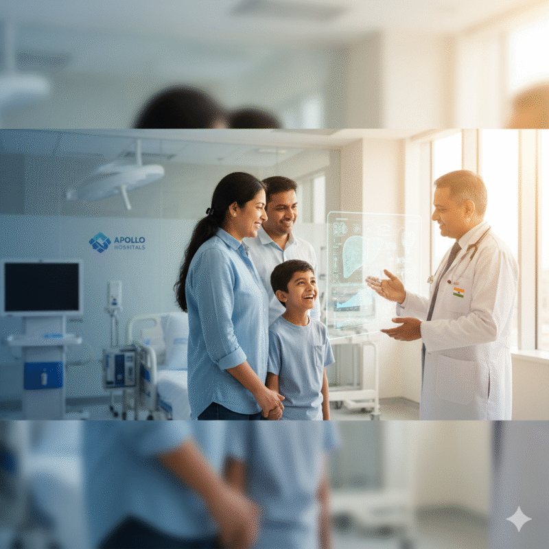 Child recovering after successful pediatric liver transplant in India with parents and doctor in hospital setting