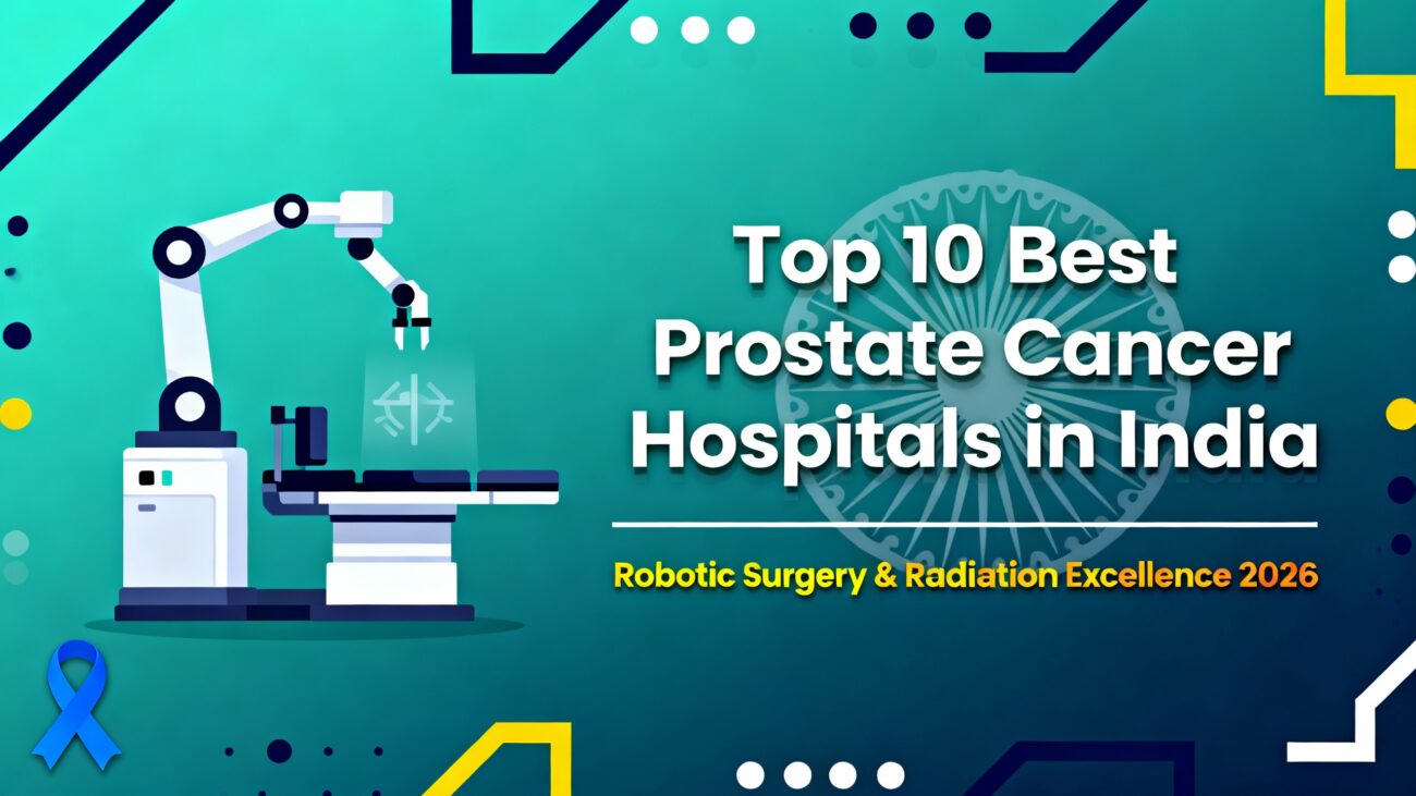 Illustration of a robotic surgical system with text reading “Top 10 Best Prostate Cancer Hospitals in India: Robotic Surgery & Radiation Excellence 2026,” representing India’s top centers for prostate cancer care.
