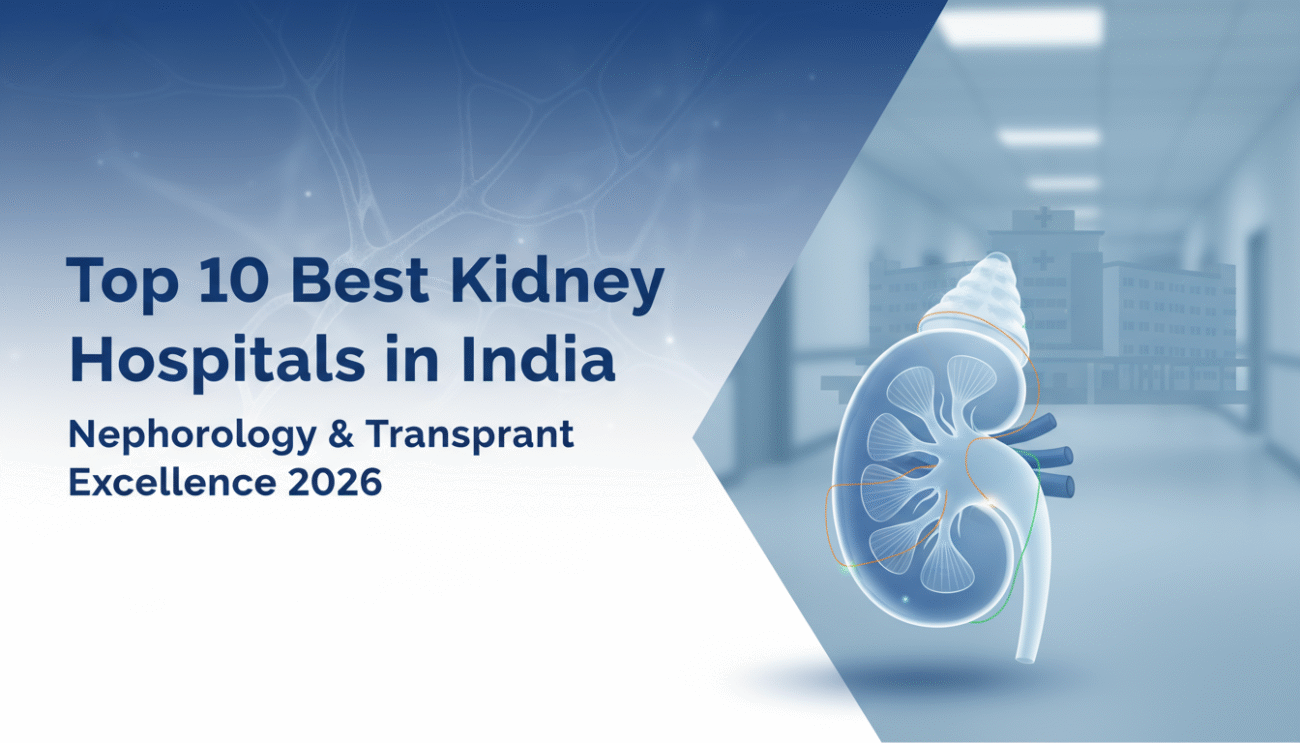 Illustration showing a human kidney and hospital background with text reading “Top 10 Best Kidney Hospitals in India: Nephrology & Transplant Excellence 2026,” symbolizing advanced renal care and kidney transplant services across India.