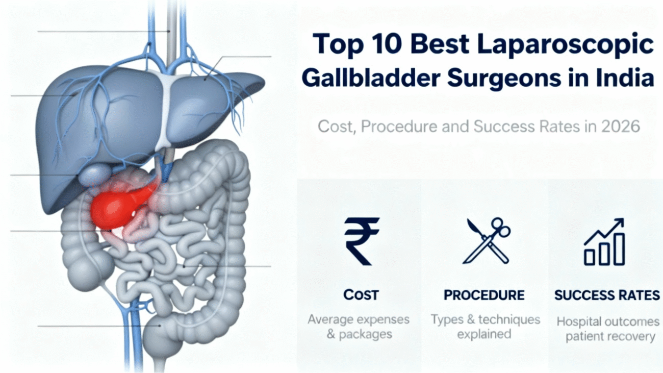 A medical infographic showing the human digestive system with the gallbladder highlighted in red. The title reads “Top 10 Best Laparoscopic Gallbladder Surgeons in India: Cost, Procedure, and Success Rates in 2026.” Icons below outline key details—cost, procedure, and success rates.