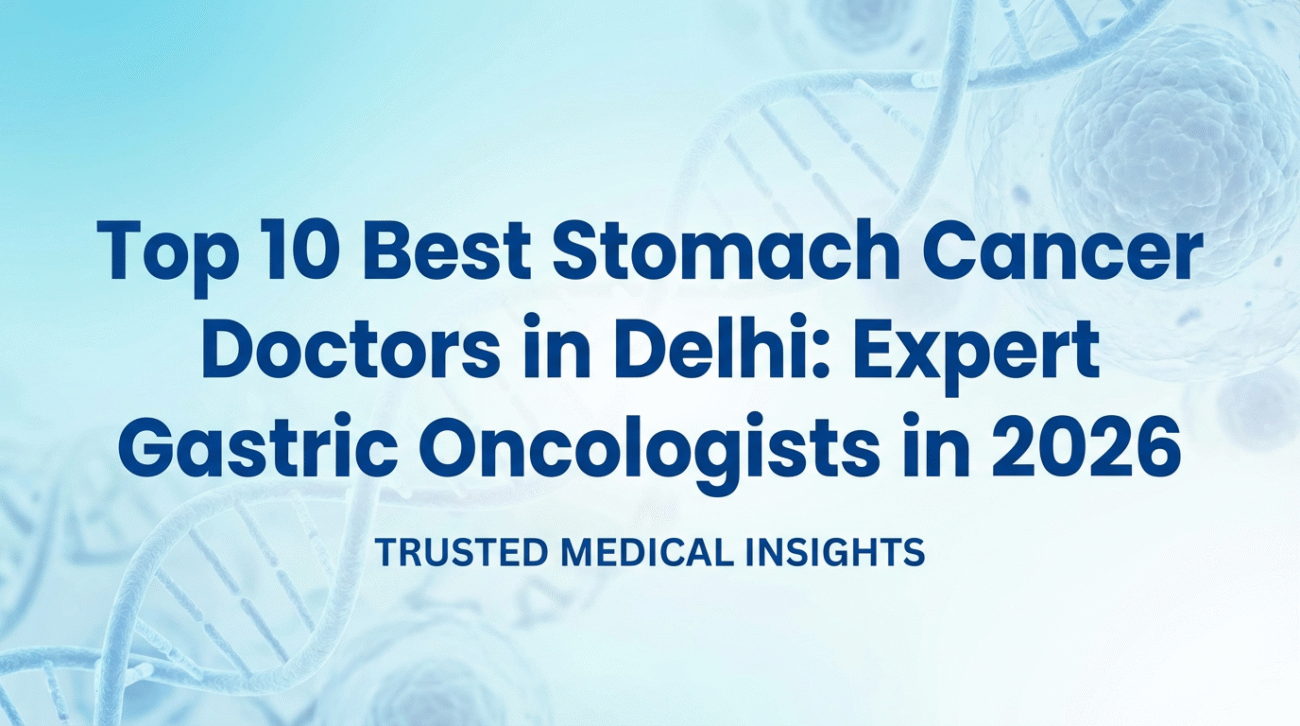 Cover image displaying the title “Top 10 Best Stomach Cancer Doctors in Delhi: Expert Gastric Oncologists in 2026” over a light blue medical background featuring DNA strands and microscopic cell graphics.