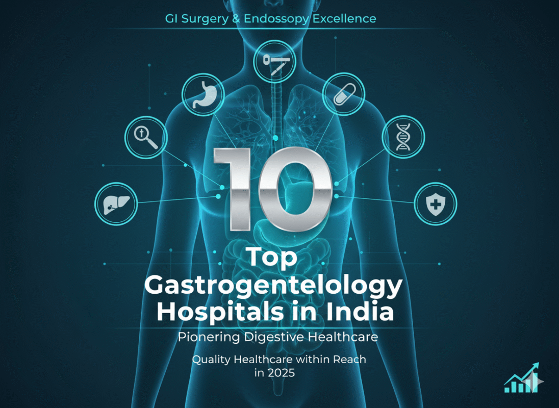 Digital illustration showing a human torso highlighting the digestive system, surrounded by medical icons representing liver, stomach, endoscopy, medication, DNA, and healthcare, with the text “Top 10 Gastroenterology Hospitals in India – GI Surgery & Endoscopy Excellence in 2025.”
