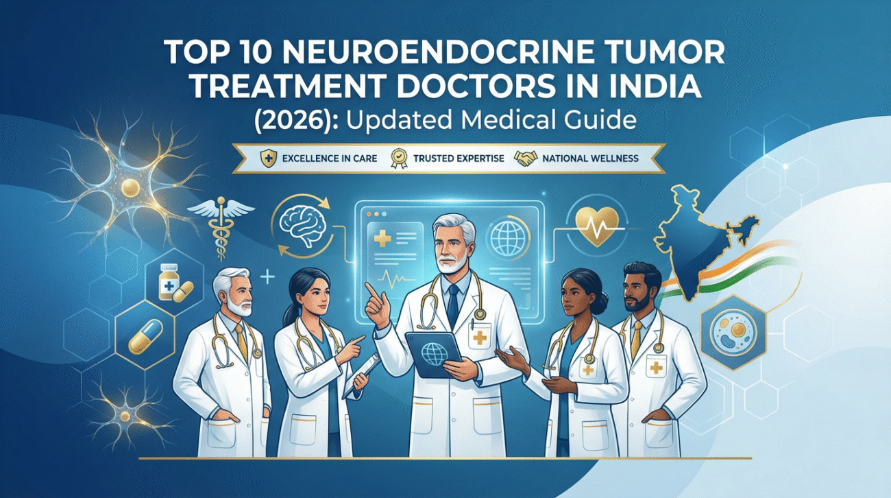 Illustration of a group of doctors standing together with medical icons, neural graphics, and a map of India in the background. The text reads “Top 10 Neuroendocrine Tumor Treatment Doctors in India (2026): Updated Medical Guide.”