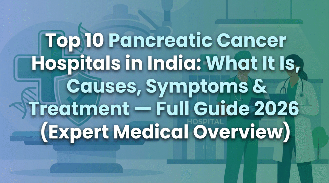 A healthcare-themed graphic showing two medical professionals standing in front of a hospital backdrop, with large text about the top 10 pancreatic cancer hospitals in India and an expert medical overview for 2026