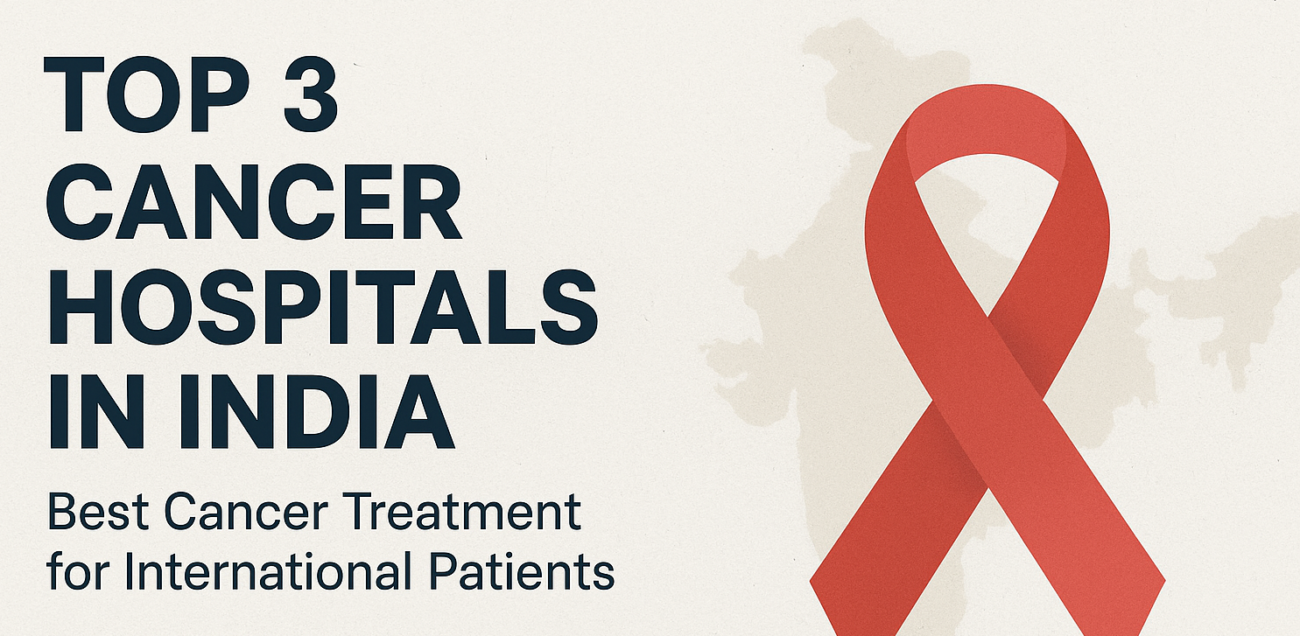 Red cancer awareness ribbon over a faded map of India with the title “Top 3 Cancer Hospitals in India – Best Cancer Treatment for International Patients 2025 Guide.”