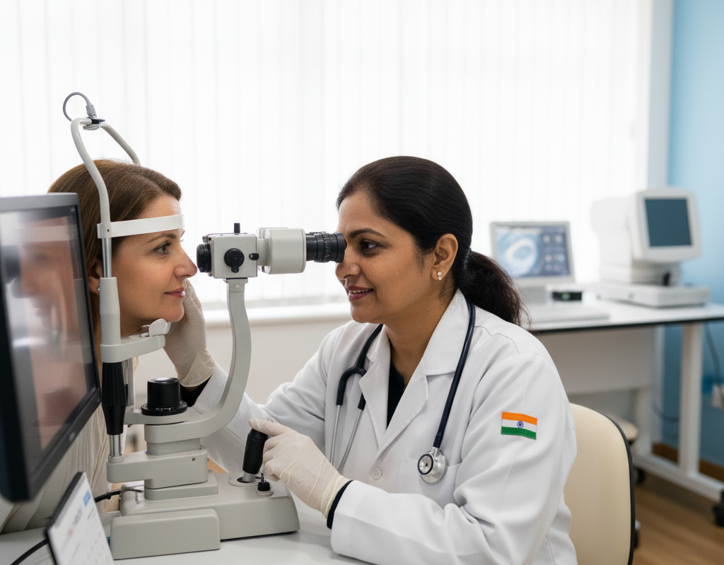 A female patient consulting with an eye specialist at a leading cornea transplant hospital in India.