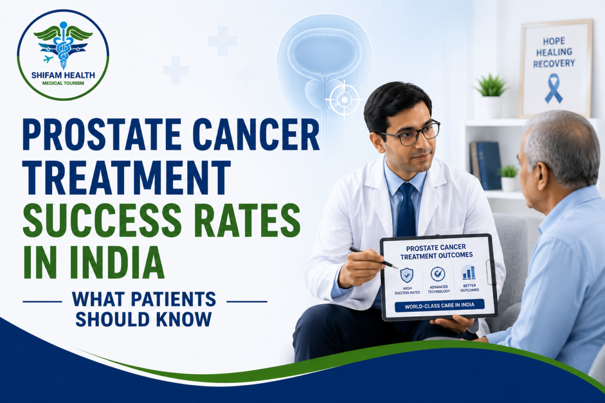International patient consulting an Indian oncologist about prostate cancer treatment options in a modern hospital setting