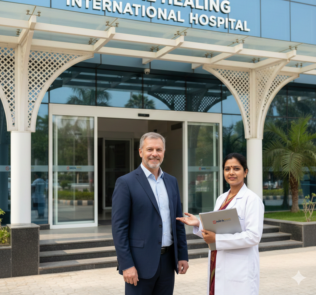 Russian patient Alexander Igumnov arriving for treatment in India with full assistance from Shifam Health at a modern international hospital.