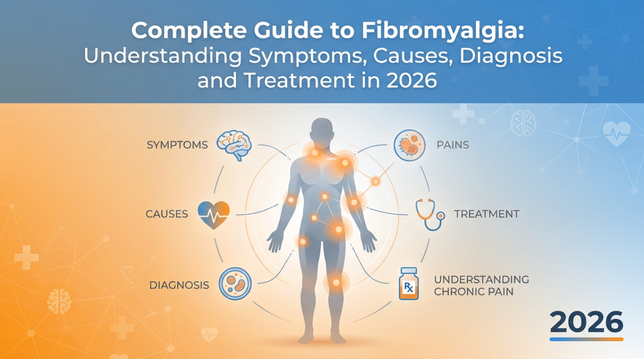 Fibromyalgia treatment options 2026 illustration showing a human body with highlighted chronic pain points and icons for symptoms, diagnosis, and treatment