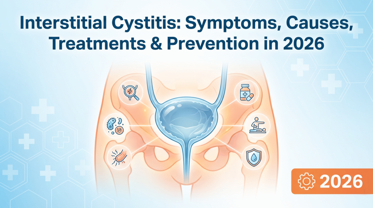 Illustration of the bladder showing inflammation linked to interstitial cystitis. Icons around the bladder represent pain, infection, medication, lifestyle changes, and prevention. The title reads “Interstitial Cystitis: Symptoms, Causes, Treatments & Prevention in 2026.”