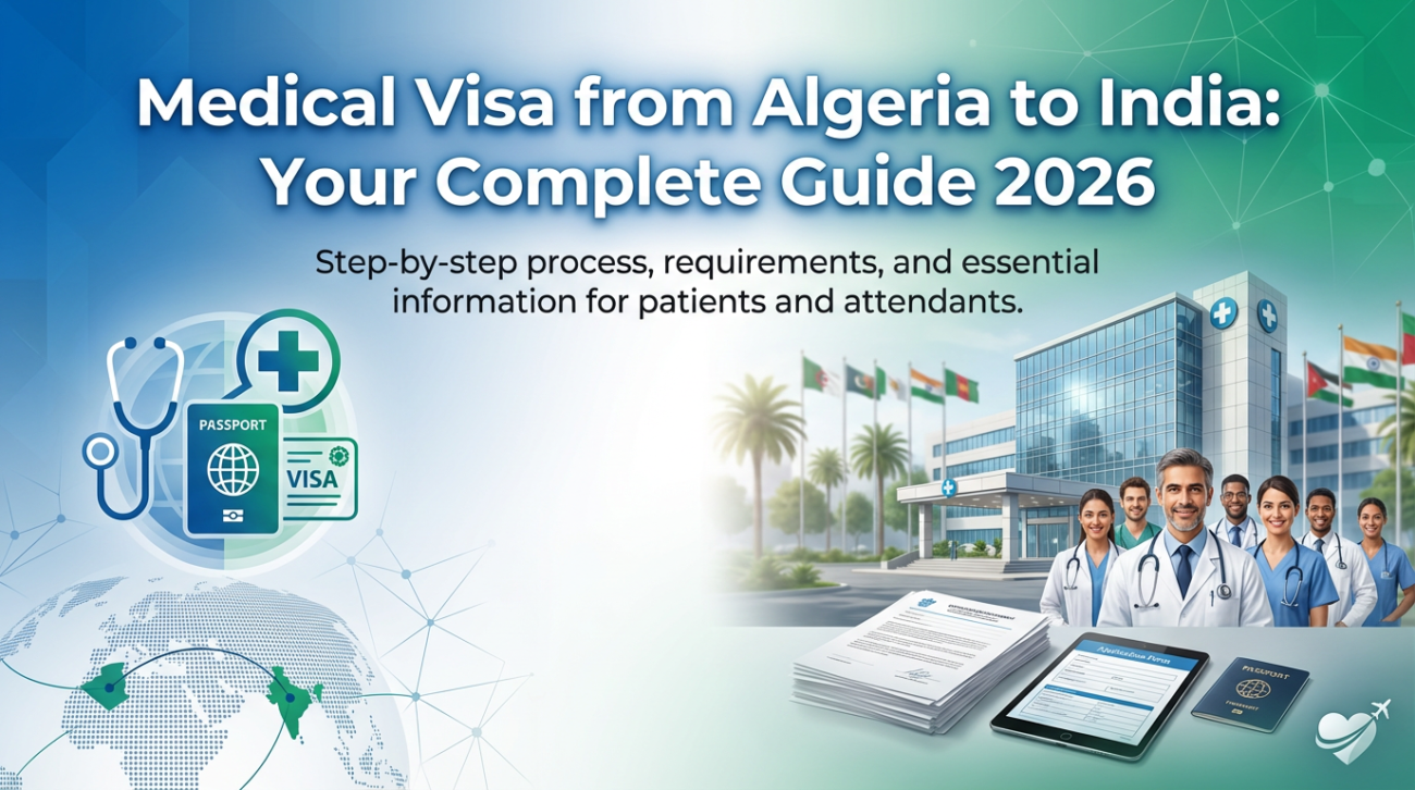 Illustration showing doctors, hospital building, passport and visa icons representing the medical visa from Algeria to India process