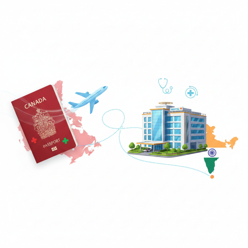 Medical visa from Canada to India showing a Canadian passport, airplane route, and modern Indian hospital for international medical treatment