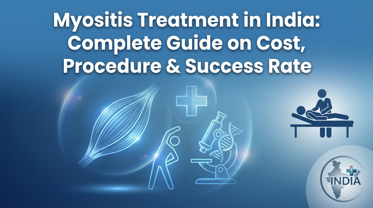Myositis treatment in India showing muscle inflammation, diagnostic testing, physiotherapy, and medical care with focus on myositis treatment cost in India.