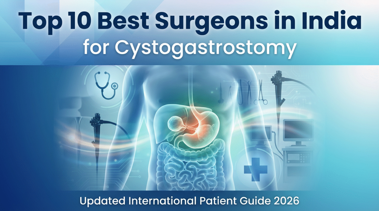 Medical graphic showing a transparent human torso with highlighted stomach and pancreas, surrounded by endoscopy tools, monitors, and surgical icons. The text reads “Top 10 Best Surgeons in India for Cystogastrostomy – Updated International Patient Guide