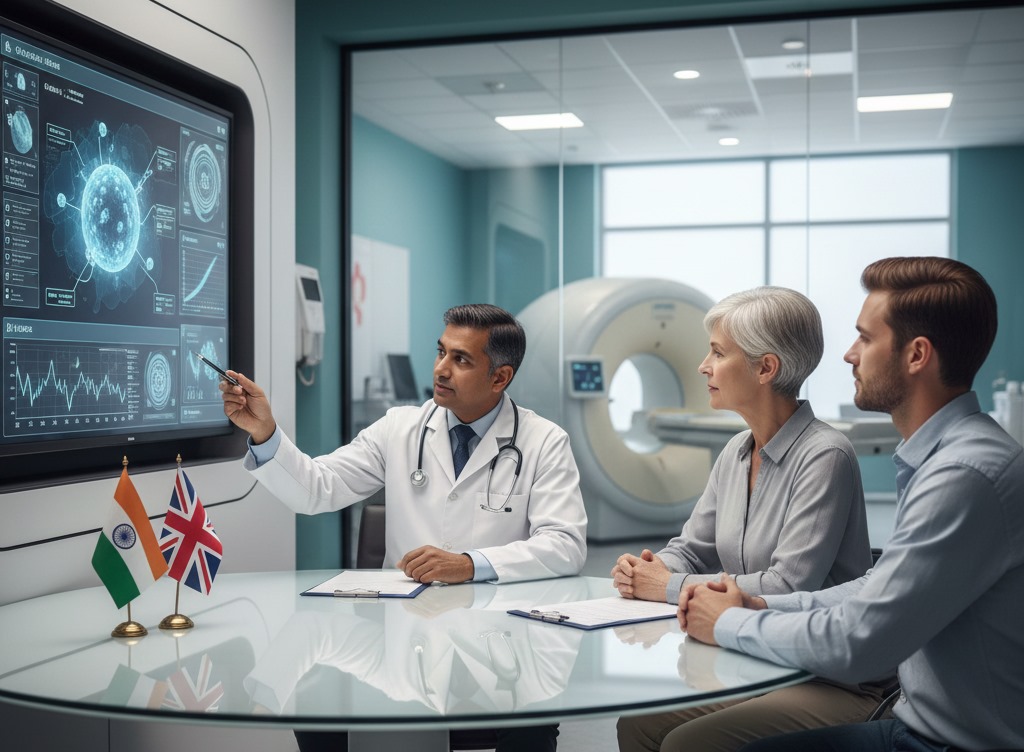 Indian cancer specialist consulting a UK patient in a modern hospital in India.