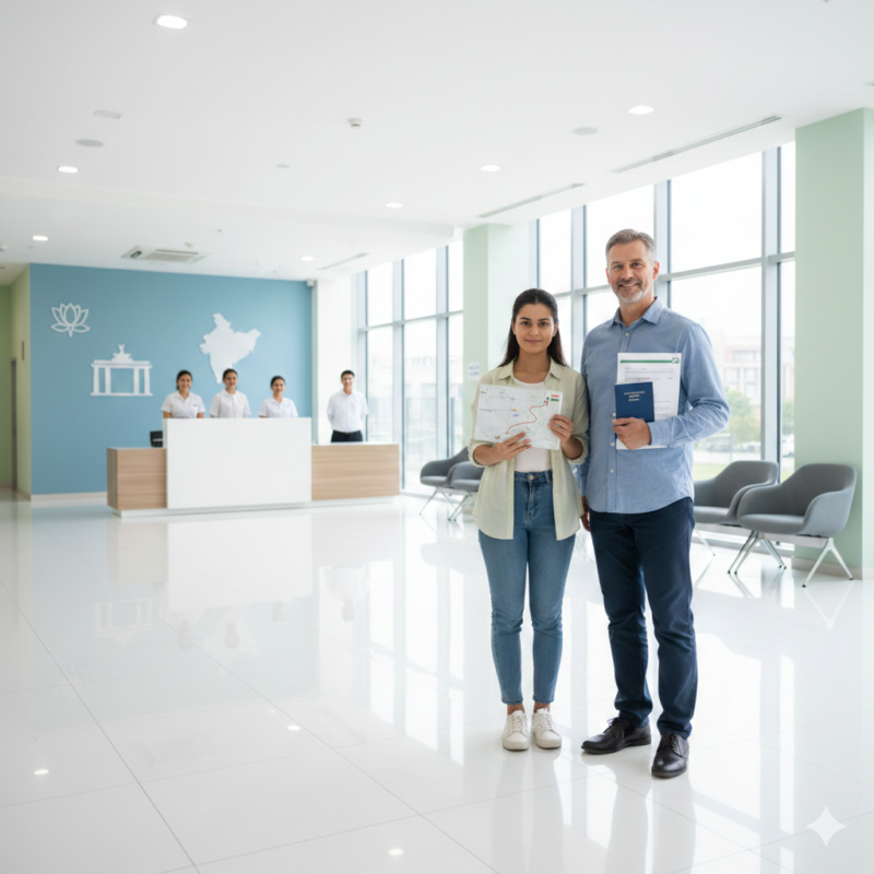 German patient with medical documents preparing for a medical visa from Germany to India for treatment at a modern Indian hospital