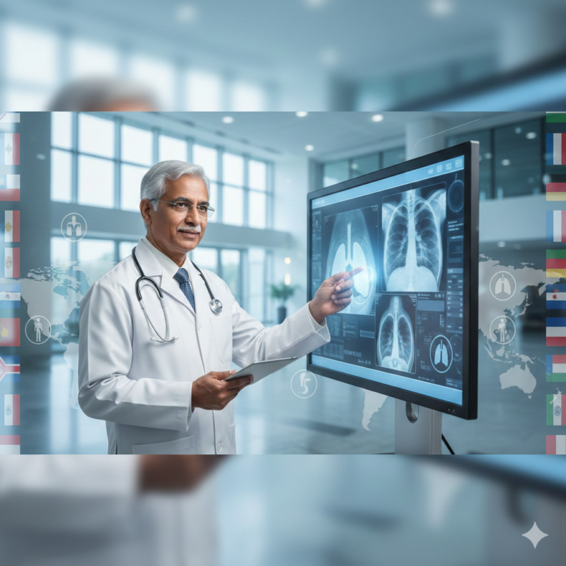 Experienced pulmonologist in India reviewing lung scans at a modern hospital, representing advanced respiratory care for international patients