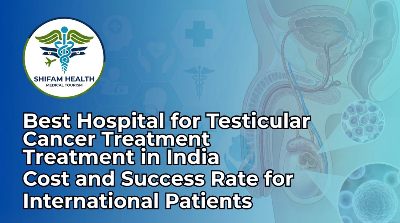 Testicular Cancer Treatment in India banner showing a medical illustration of the male reproductive system with hospital branding and healthcare visuals.