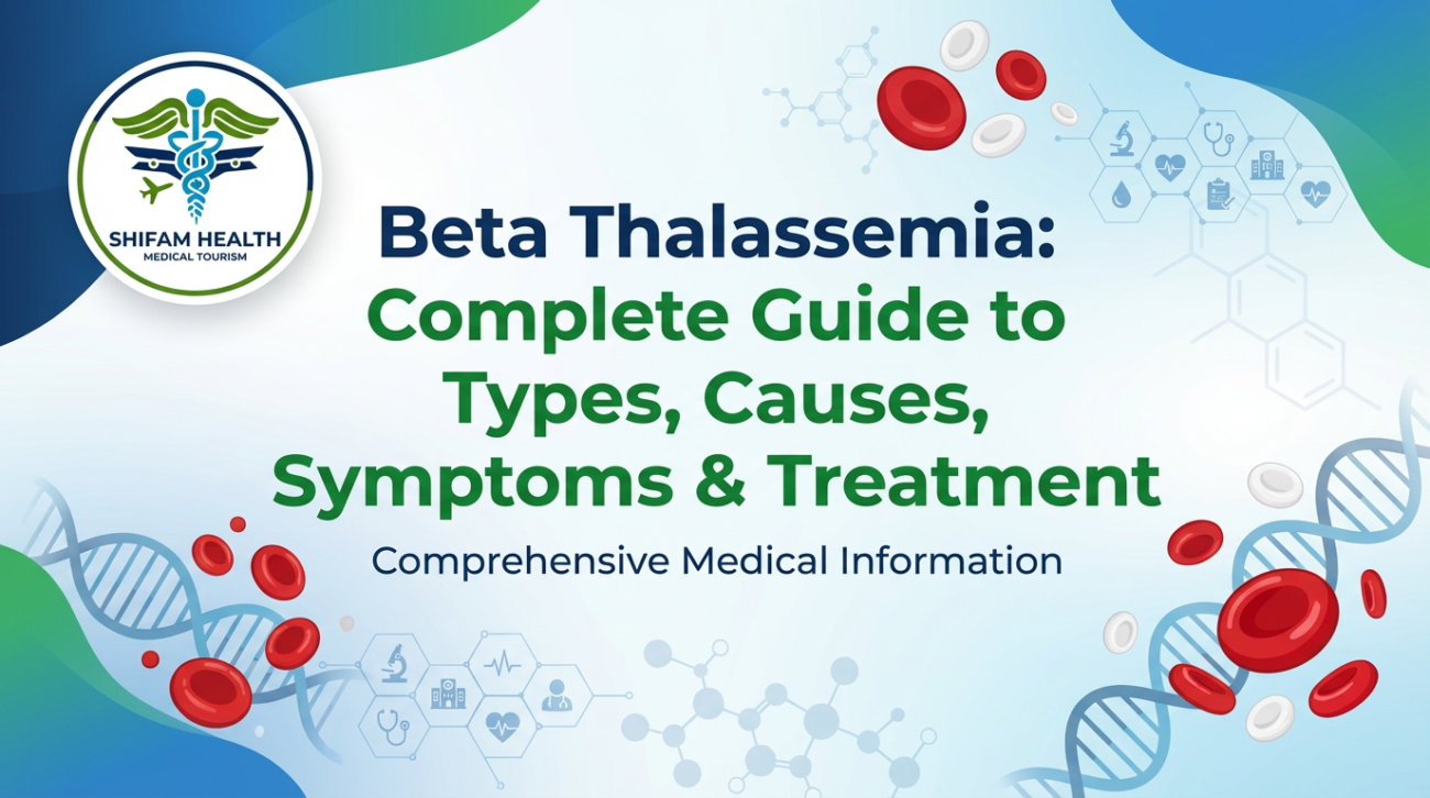Beta thalassemia medical guide banner showing red blood cells, DNA strands, and healthcare icons, explaining types, causes, symptoms, and treatment options.