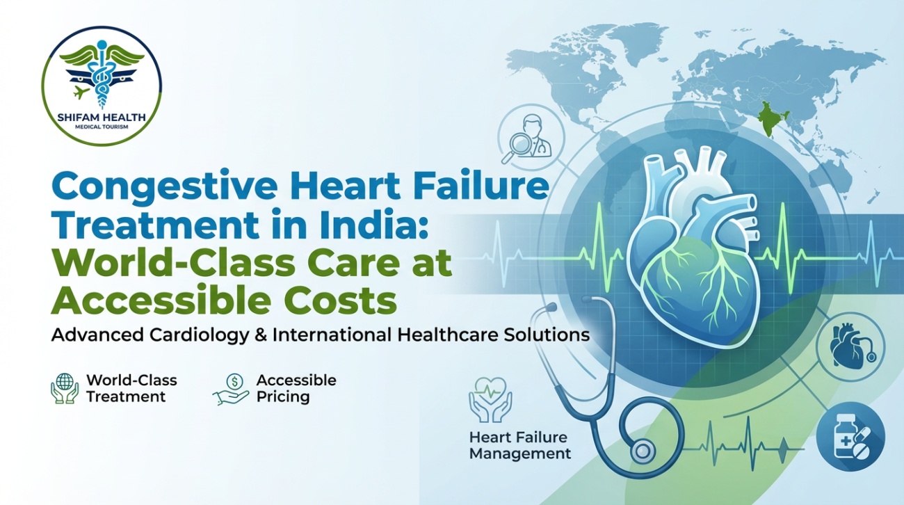 Illustration highlighting congestive heart failure treatment in India, showing a medical heart graphic, ECG waveform, global map, and icons representing world-class cardiology care and affordable treatment for international patients.