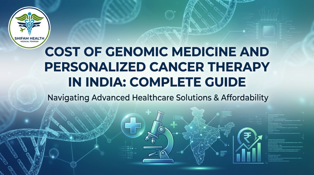 Cost of Genomic Medicine and Personalized Cancer Therapy in India illustrated with DNA strands, medical icons, India map, and healthcare analytics representing advanced cancer treatment affordability.