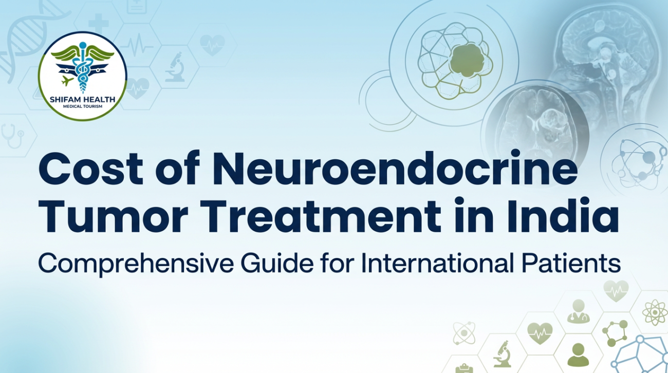 Informational banner highlighting the cost of neuroendocrine tumor treatment in India for international patients, featuring medical icons, diagnostic imagery, and a clean healthcare design.