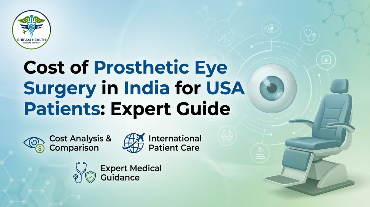 A close-up of a surgeon’s gloved hands fitting a prosthetic eye into an eye socket, with surgical tools and an artificial eye visible on a sterile tray.