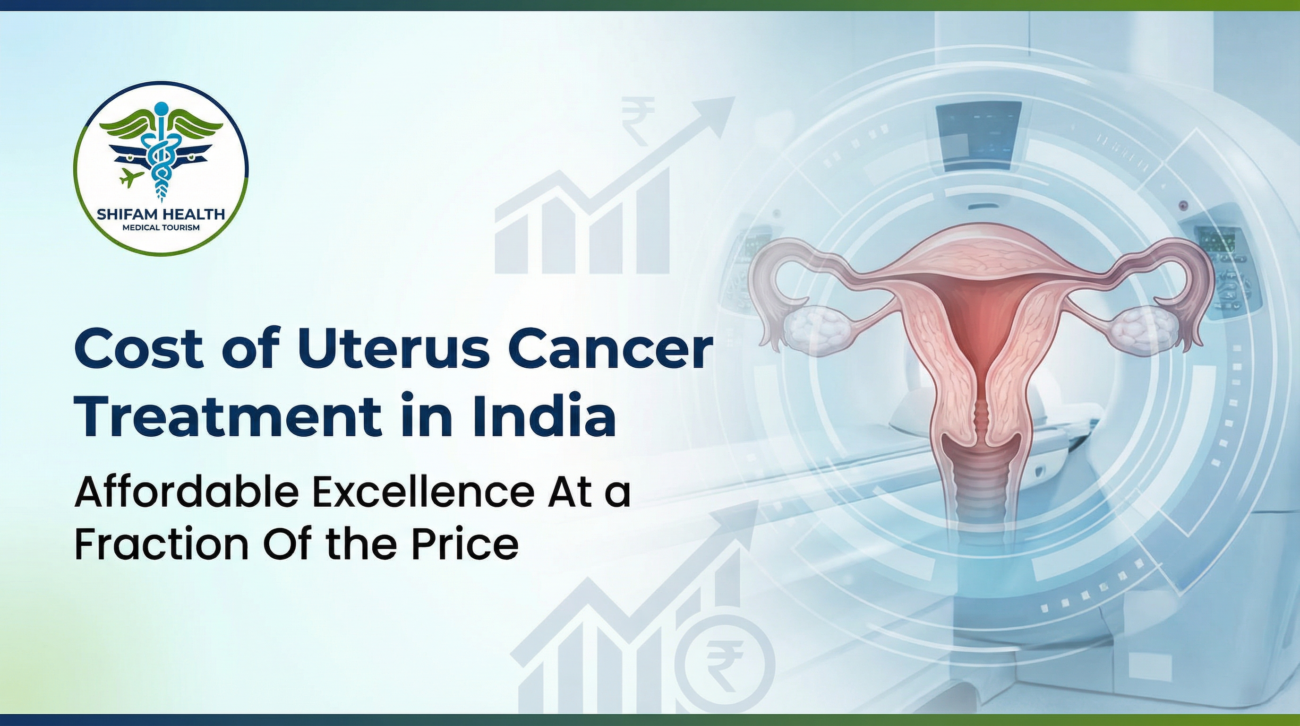 Cost of uterus cancer treatment in India infographic showing uterus anatomy, advanced medical imaging equipment, and Shifam Health Medical Tourism branding on a healthcare-themed background.
