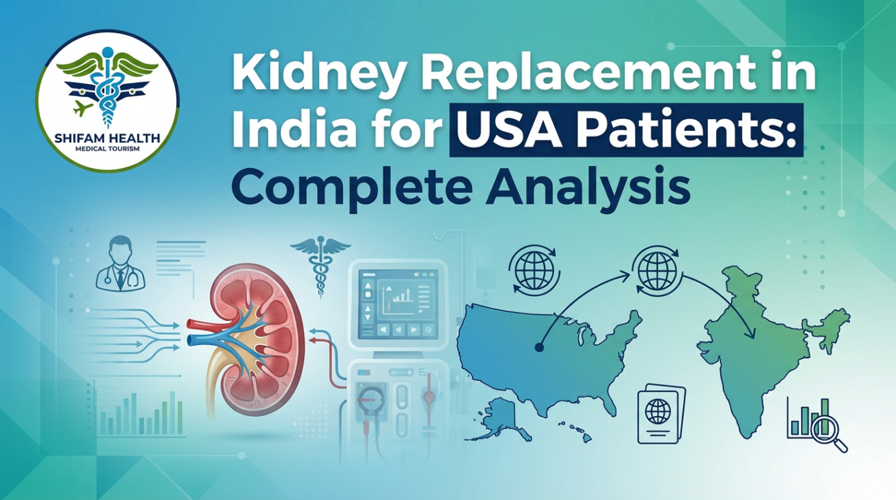Wide teal-blue banner showing the Shifam Health medical tourism logo on the left, a detailed illustration of a human kidney connected to medical monitors, and a map graphic linking the USA to India. Large text reads: “Kidney Replacement in India for USA Patients: Complete Analysis.”