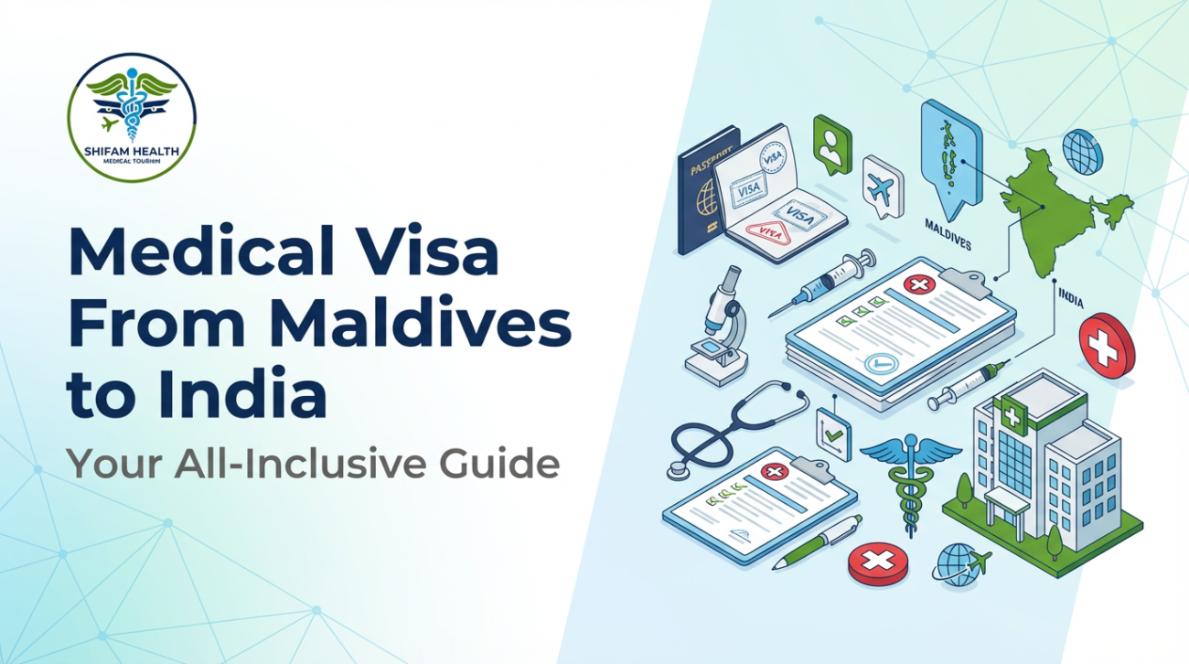 Illustrated guide showing Medical Visa From Maldives to India, with visa documents, passport, medical reports, hospital icons, and travel pathway for patients seeking treatment in India.