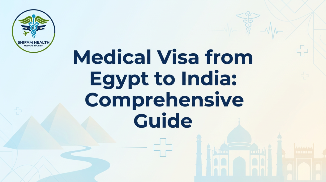 Medical Visa from Egypt to India guide shown in a healthcare banner with medical symbols and iconic landmarks representing Egypt and India.