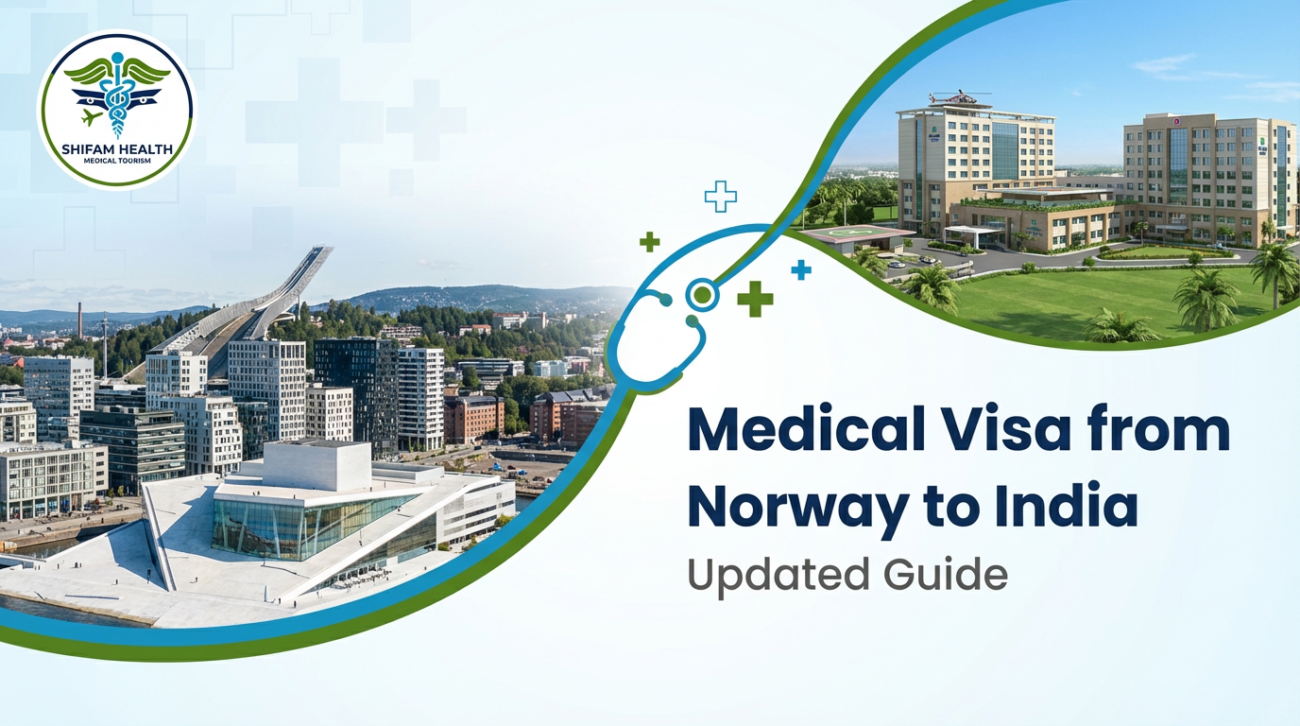 Medical Visa from Norway to India guide showing a modern hospital campus in India and a cityscape from Norway with healthcare icons and medical tourism branding.