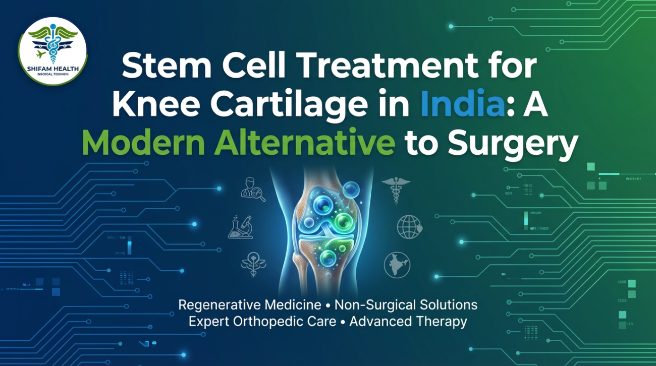 Visual showing stem cell treatment for knee cartilage in India, featuring a knee joint with regenerative cells, digital medical graphics, and icons representing non-surgical orthopedic care and advanced regenerative medicine.