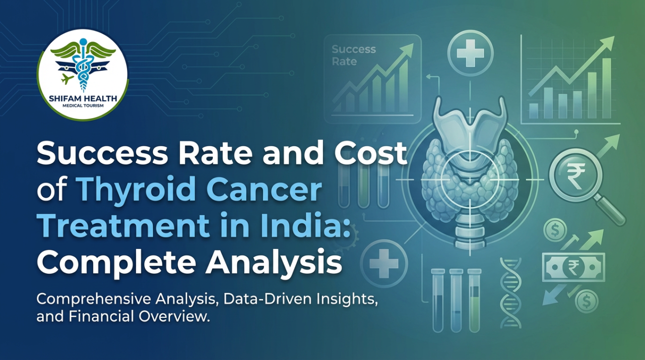 A wide blue-green banner showing the Shifam Health logo at top left and a stylized medical illustration of a thyroid gland at right surrounded by graphs, test tubes, a rupee magnifier and upward-pointing arrows. Large title text reads: “Success Rate and Cost of Thyroid Cancer Treatment in India: Complete Analysis.”