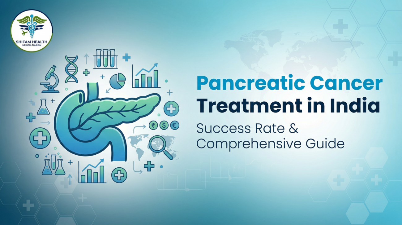 Pancreatic cancer treatment success rate in India illustrated with a medical graphic of the pancreas, treatment icons, and global healthcare symbols highlighting advanced oncology care.