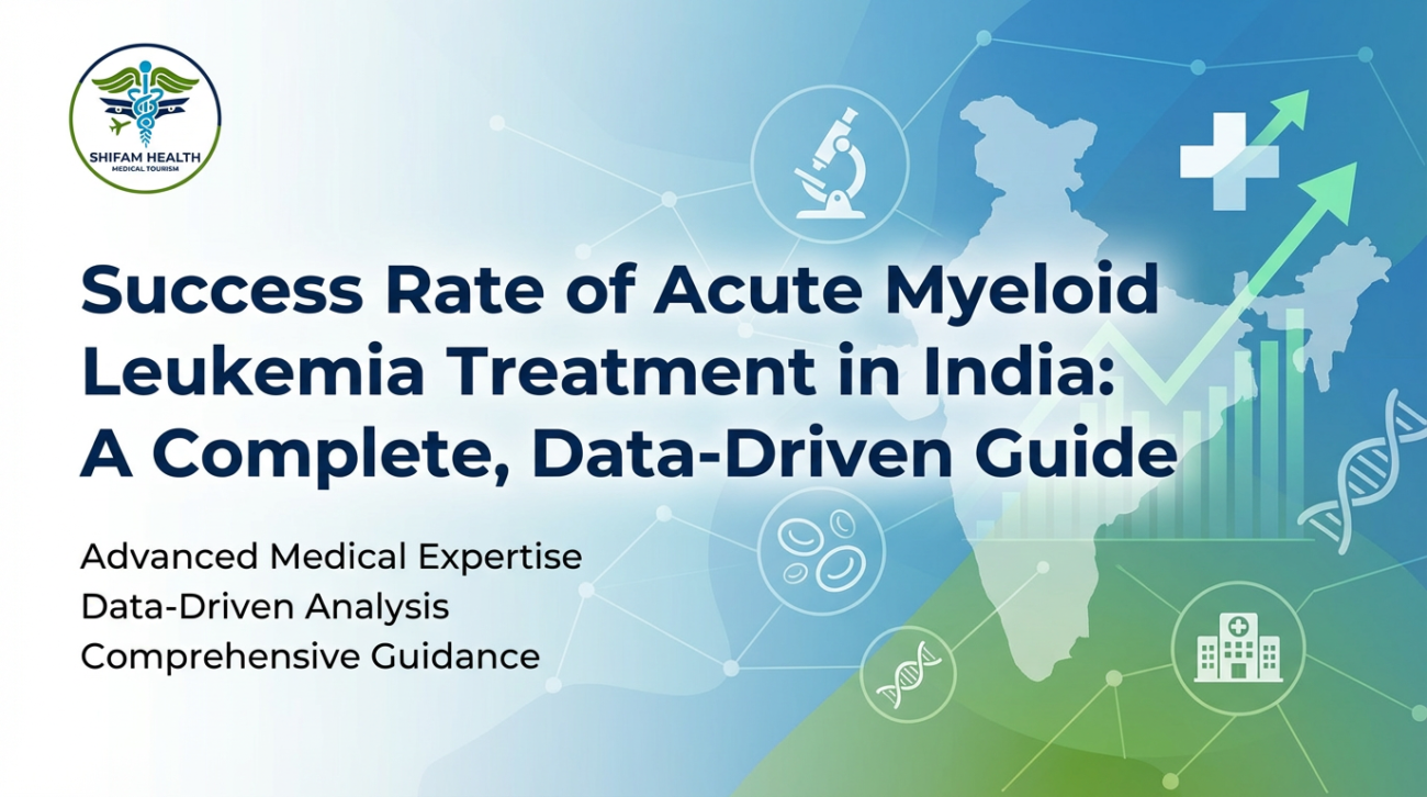 Success Rate of Acute Myeloid Leukemia Treatment in India illustrated with medical icons, growth charts, DNA symbols, and an India map highlighting data-driven cancer care.