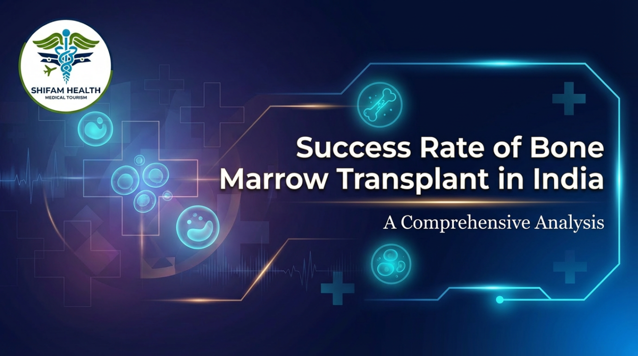 Success Rate of Bone Marrow Transplant in India infographic showing medical icons, blood cells, and Shifam Health Medical Tourism branding on a blue healthcare-themed background.