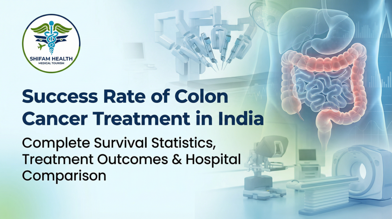 Success rate of colon cancer treatment in India infographic showing digestive system anatomy, robotic surgery equipment, diagnostic imaging machines, and Shifam Health Medical Tourism branding.