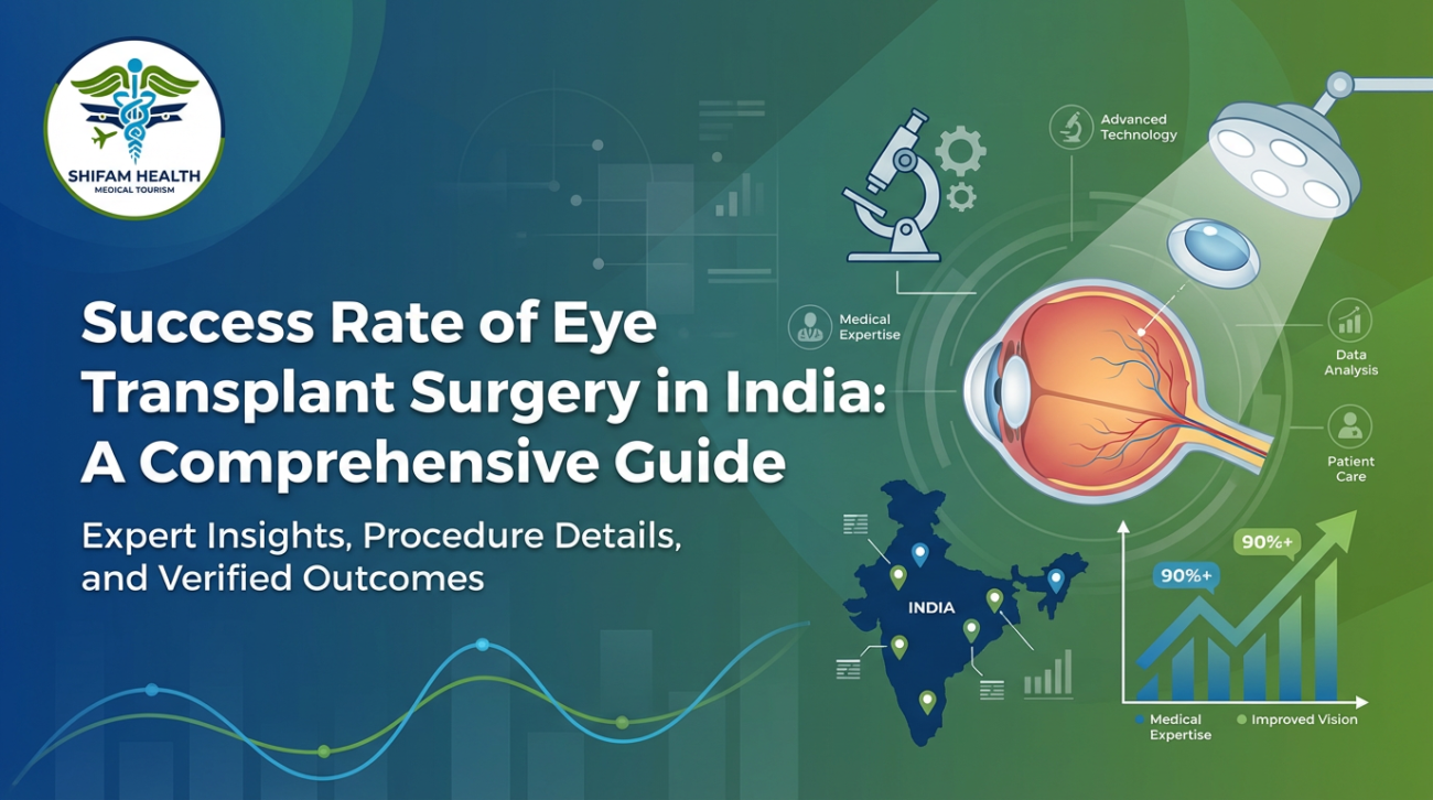 Medical tourism banner showing the Shifam Health logo and the title “Success Rate of Eye Transplant Surgery in India: A Comprehensive Guide,” with a detailed eye anatomy illustration, surgical microscope, medical data icons, and an India map highlighting high success outcomes.