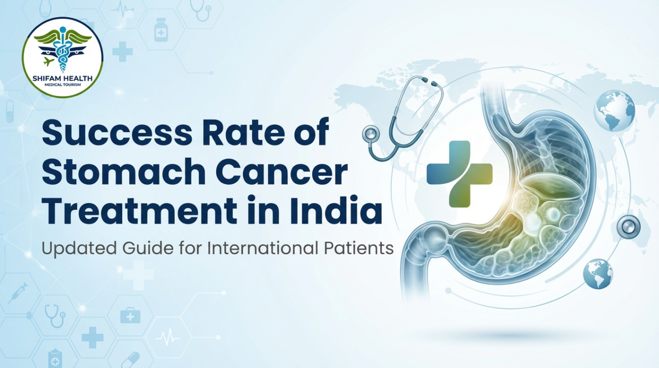 Illustration showing the success rate of stomach cancer treatment in India, with a medical stomach graphic, stethoscope, and healthcare symbols for international patients.