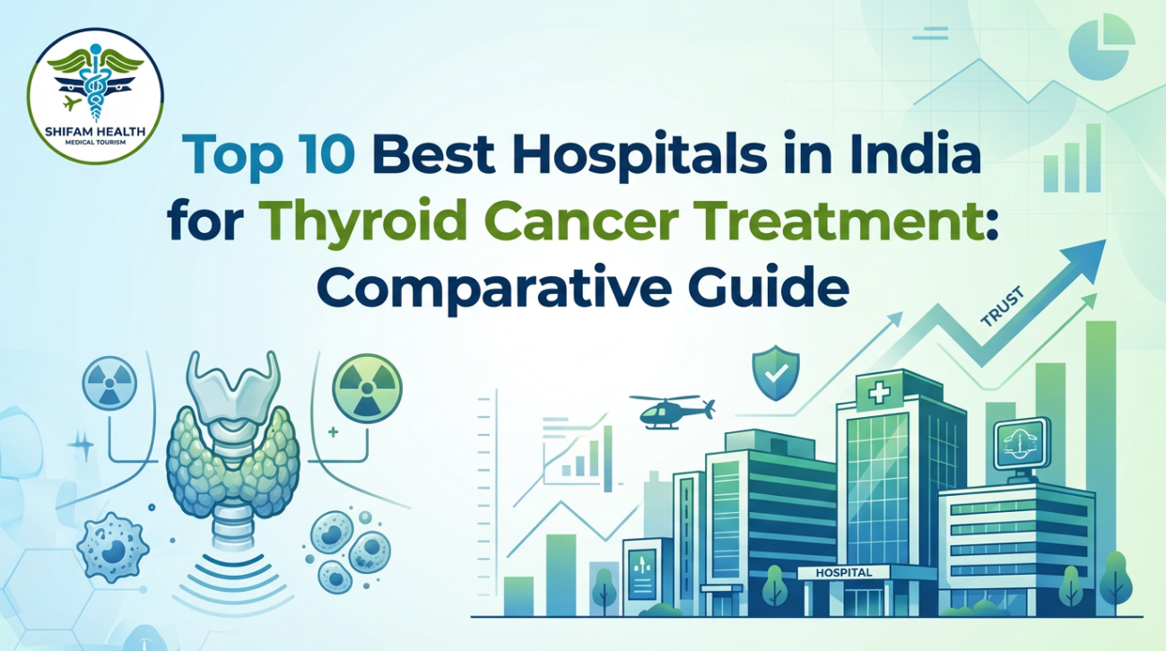 Top 10 best hospitals in Kolkata infographic showing a modern multi-specialty hospital, healthcare icons, and city landmarks, highlighting the best hospital in India for thyroid cancer treatment.