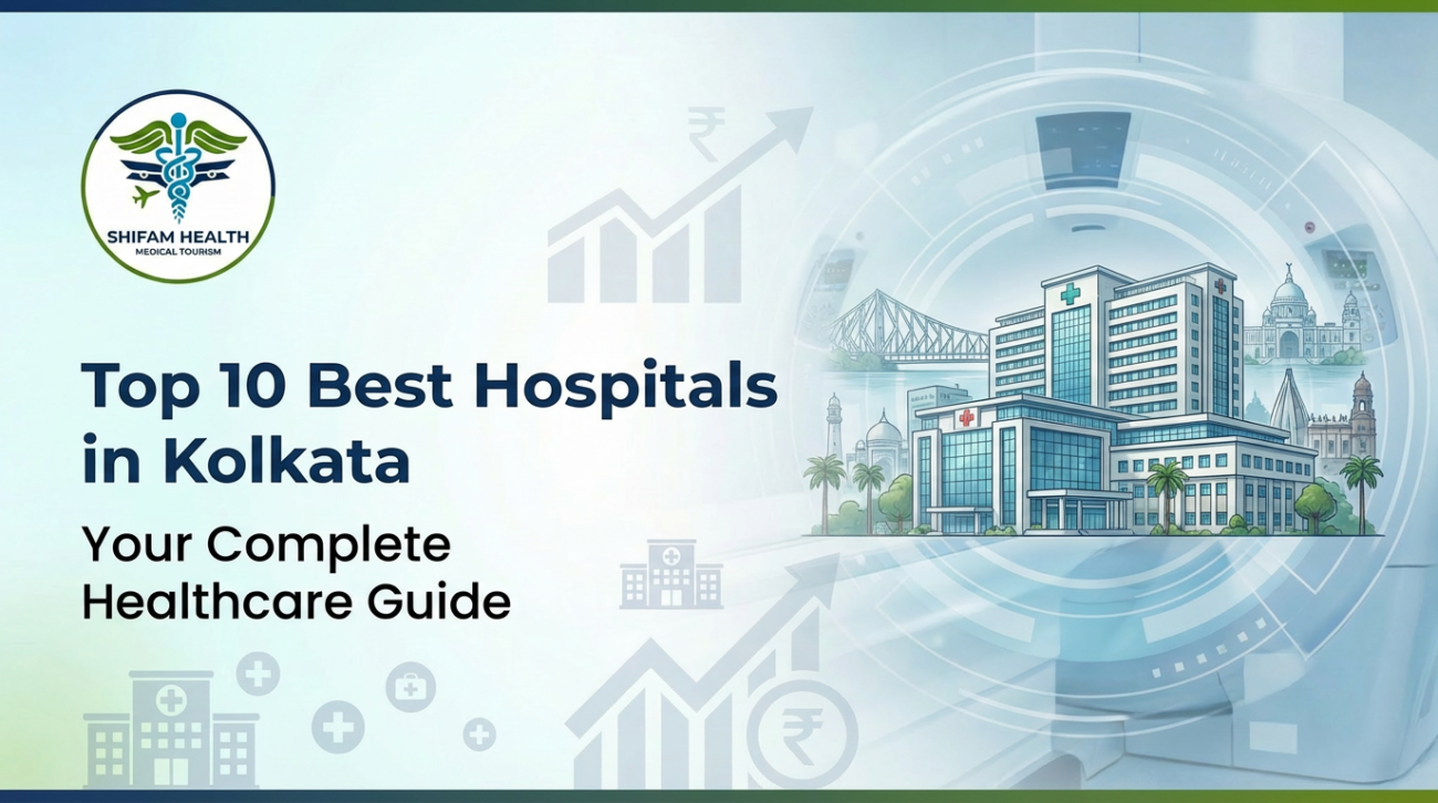 Top 10 Best Hospitals in Kolkata – modern hospital illustration with city landmarks, highlighting leading healthcare facilities and medical tourism in Kolkata.