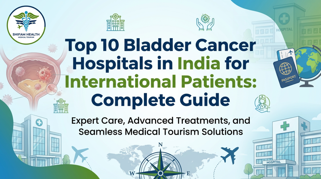 Top bladder cancer hospitals in India for international patients illustrated with bladder anatomy, hospital buildings, global travel icons, and medical care symbols