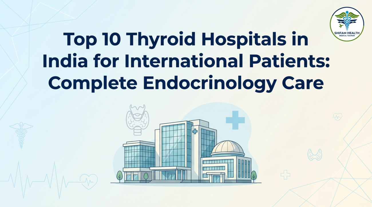 Top thyroid hospitals in India shown in a medical banner highlighting endocrinology care with hospital illustrations and thyroid health icons.