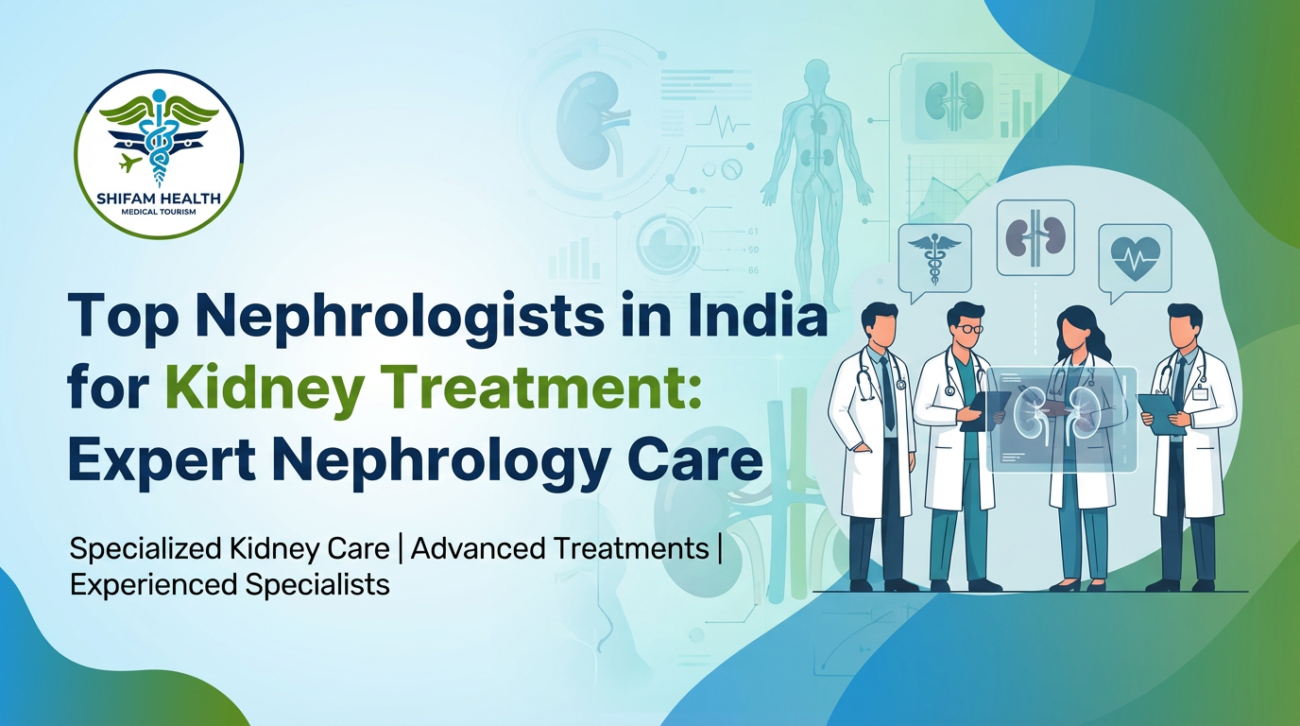 Healthcare banner featuring the Shifam Health medical tourism logo and the title “Top Nephrologists in India for Kidney Treatment: Expert Nephrology Care,” with illustrated doctors reviewing kidney scans, medical charts, and kidney health icons in a clinical blue-green background.