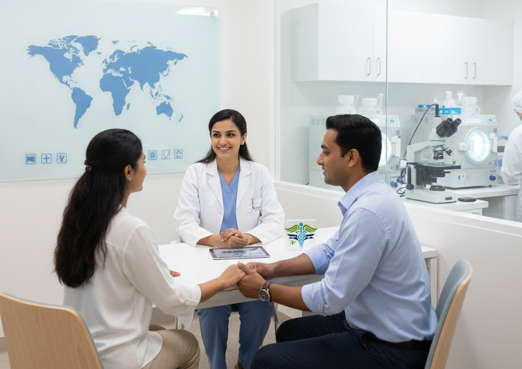 Fertility specialist consulting an international couple in a modern IVF clinic, representing affordable IVF treatment options abroad.